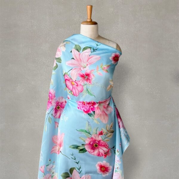 Blue Floral Digital Printed Satin Fabric