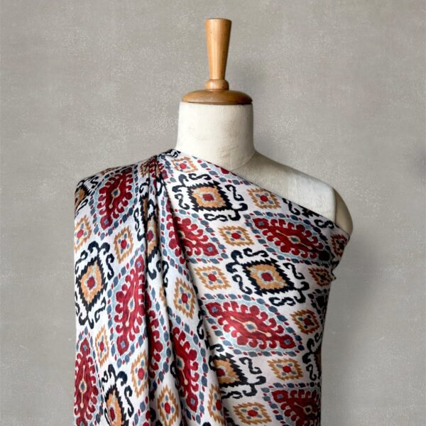 Red and Warm Beige Ikat Digital Printed Satin Fabric