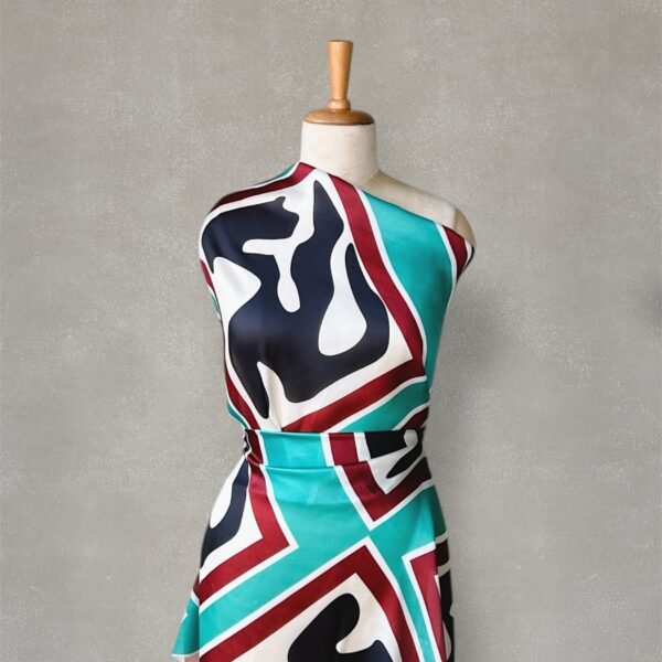 Deep Red and Green Abstract Digital Printed Satin Fabric