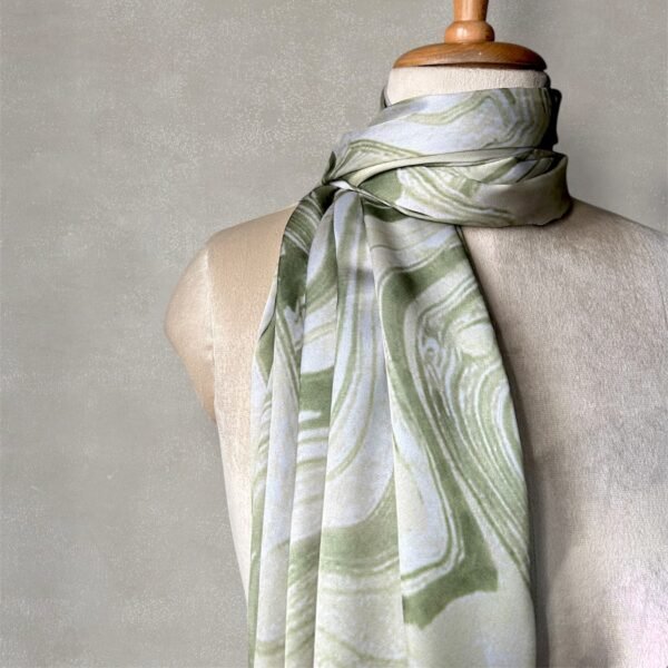 Green and White Wavy Lines Digital Printed Satin Fabric