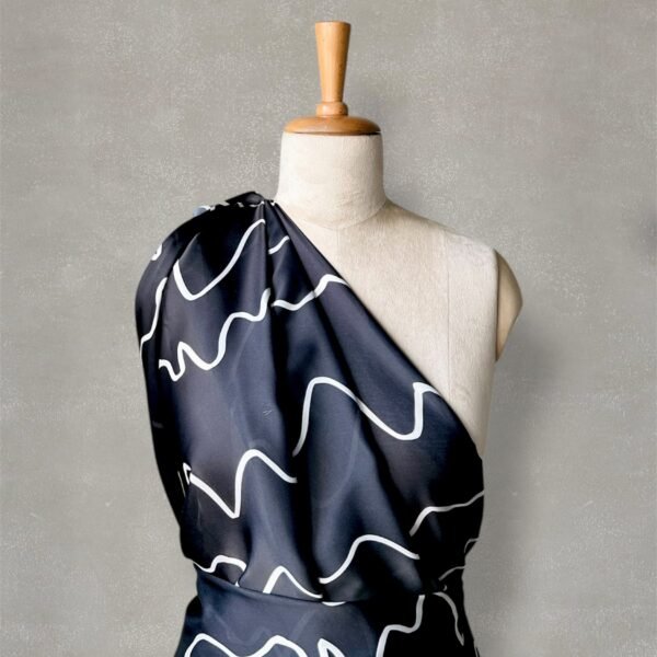 Black Wavy Lines Satin Printed Fabric