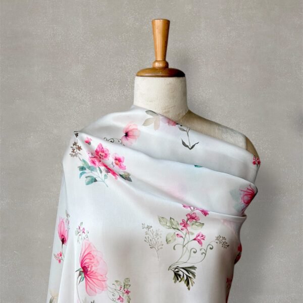 Pink and Green Floral Digital Printed Satin Fabric