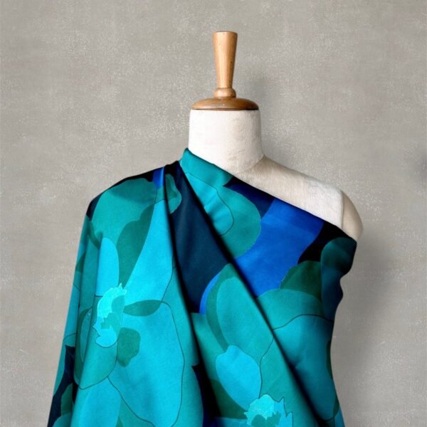 Blue Floral Digital Printed Satin Fabric