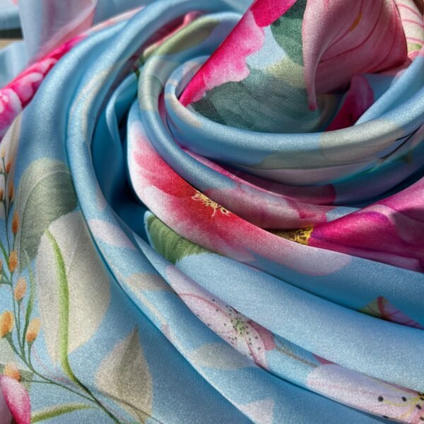Blue Floral Digital Printed Satin Fabric - Image 3