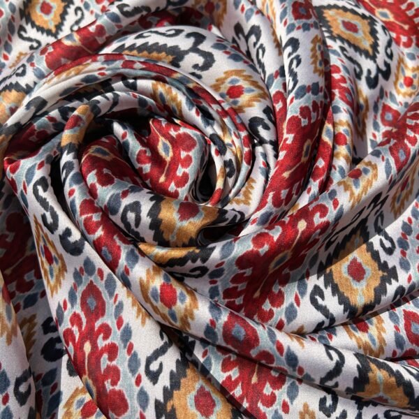 Red and Warm Beige Ikat Digital Printed Satin Fabric - Image 3