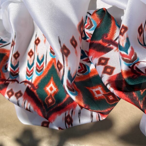 Orange and Green Ikat Digital Printed Satin Fabric - Image 3