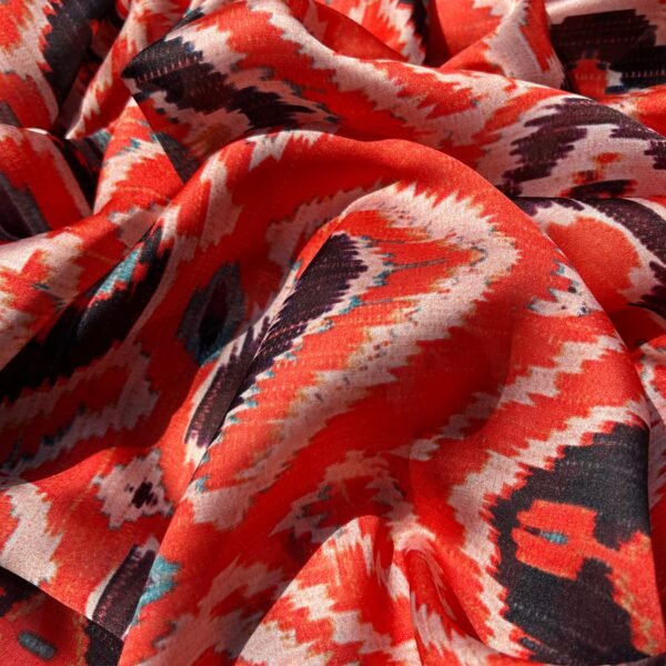 Orange Ikat Digital Printed Satin Fabric - Image 3