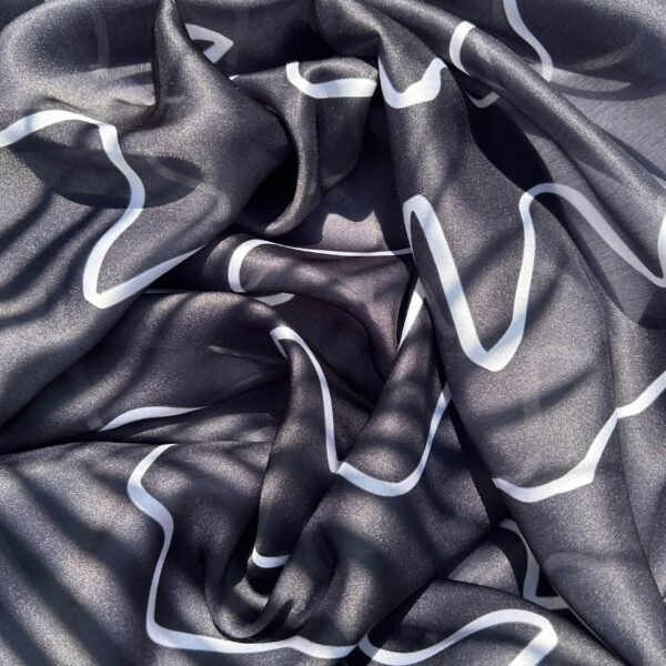 Black Wavy Lines Satin Printed Fabric - Image 3