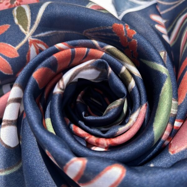 Navy Blue Floral Digital Printed Satin Fabric - Image 3