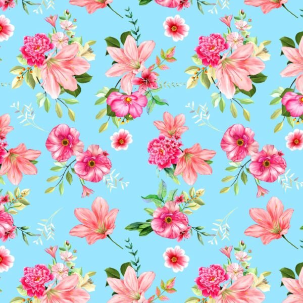 Blue Floral Digital Printed Satin Fabric - Image 2