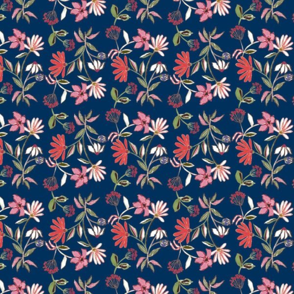 Navy Blue Floral Digital Printed Satin Fabric - Image 2