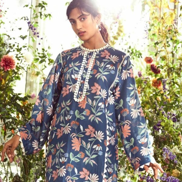 Navy Blue Floral Digital Printed Satin Fabric - Image 4