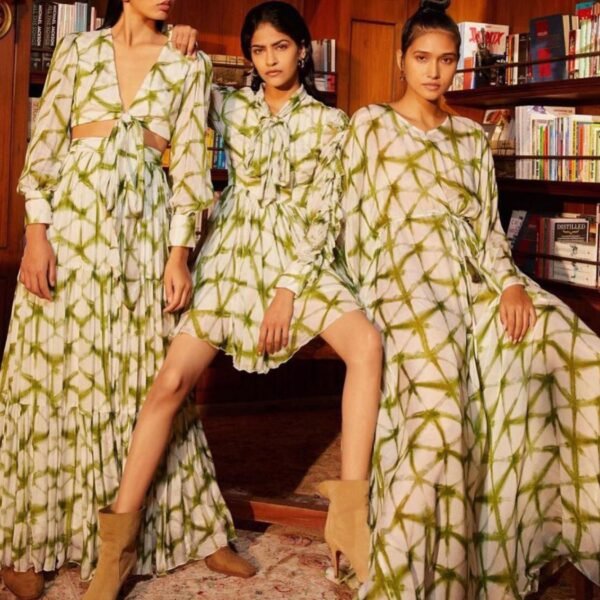 Green Geometric Digital Printed Satin Fabric - Image 4