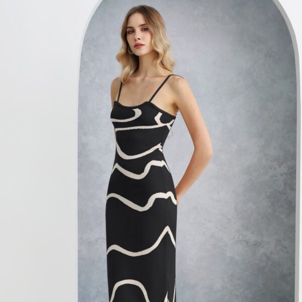 Black Wavy Lines Satin Printed Fabric - Image 4