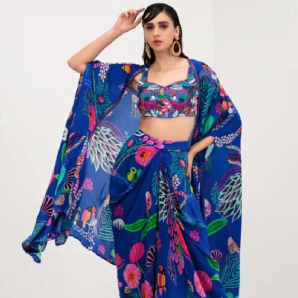 Royal Blue Tropical Satin Printed Fabric - Image 4
