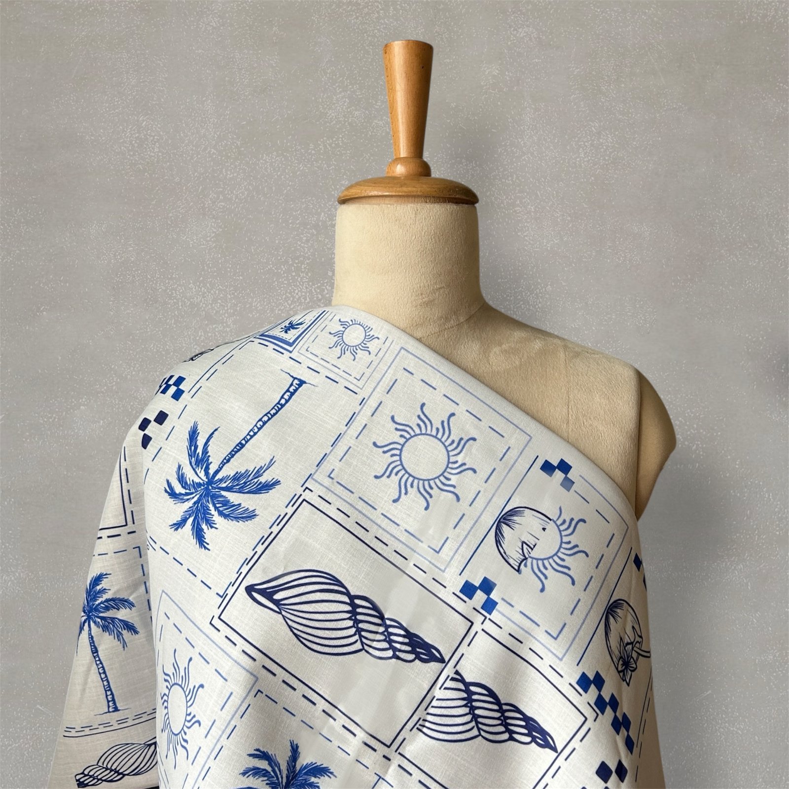 Coastal Blue Block digital Printed Linen Fabric